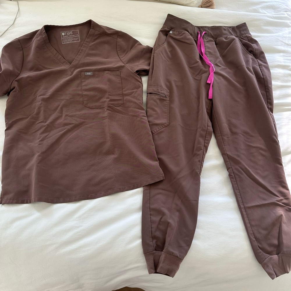 Figs Brown Scrub Pants with Pink Accents